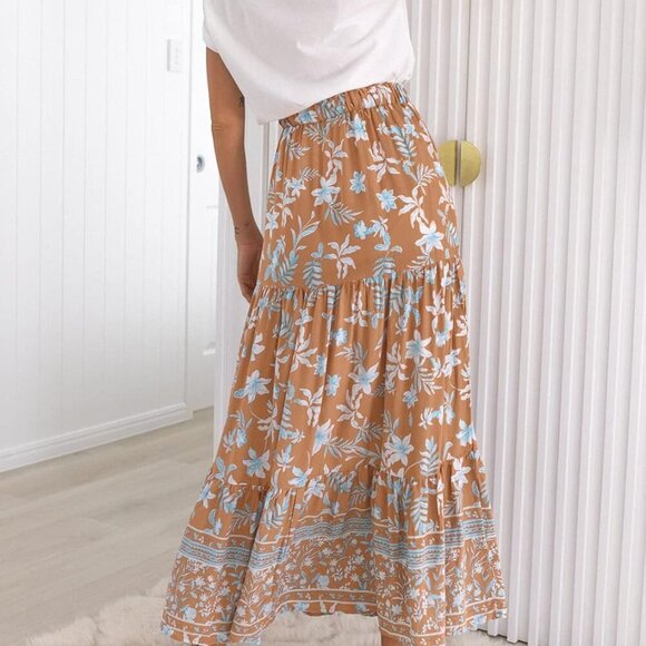 Women's 2025 Summer Bohemian Floral Printed Elastic Waist A Line Maxi Skirt with - Picture 5 of 6